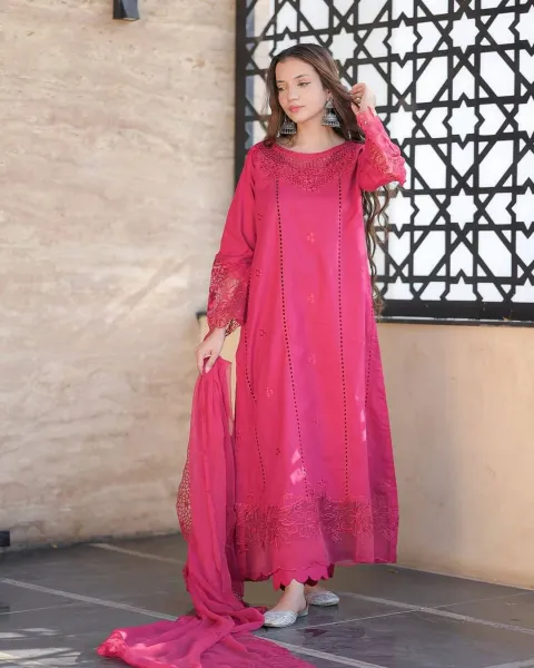 Pakistani boutique Femenite Luxury Cotton Stitched 3Pcs _ Hot Pink 